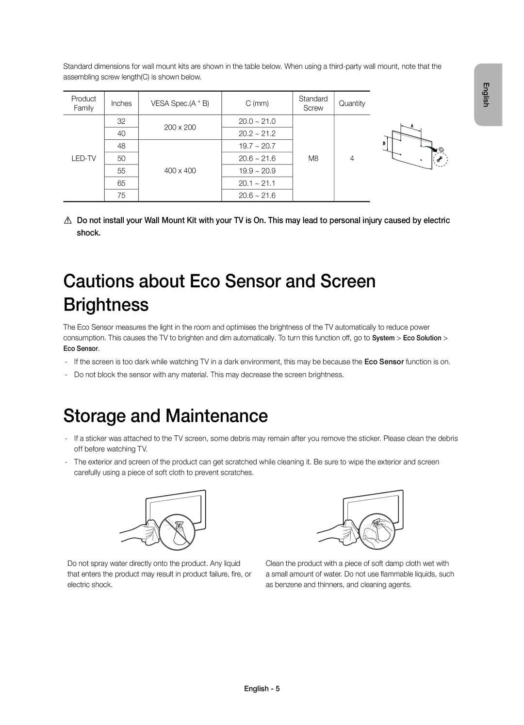 Samsung UE75H6475SUXXE, UE40H6475SUXXE, UE32H6475SUXXE, UE55H6475SUXXE, UE50H6475SUXXE, UE65H6475SUXXE Storage and Maintenance 