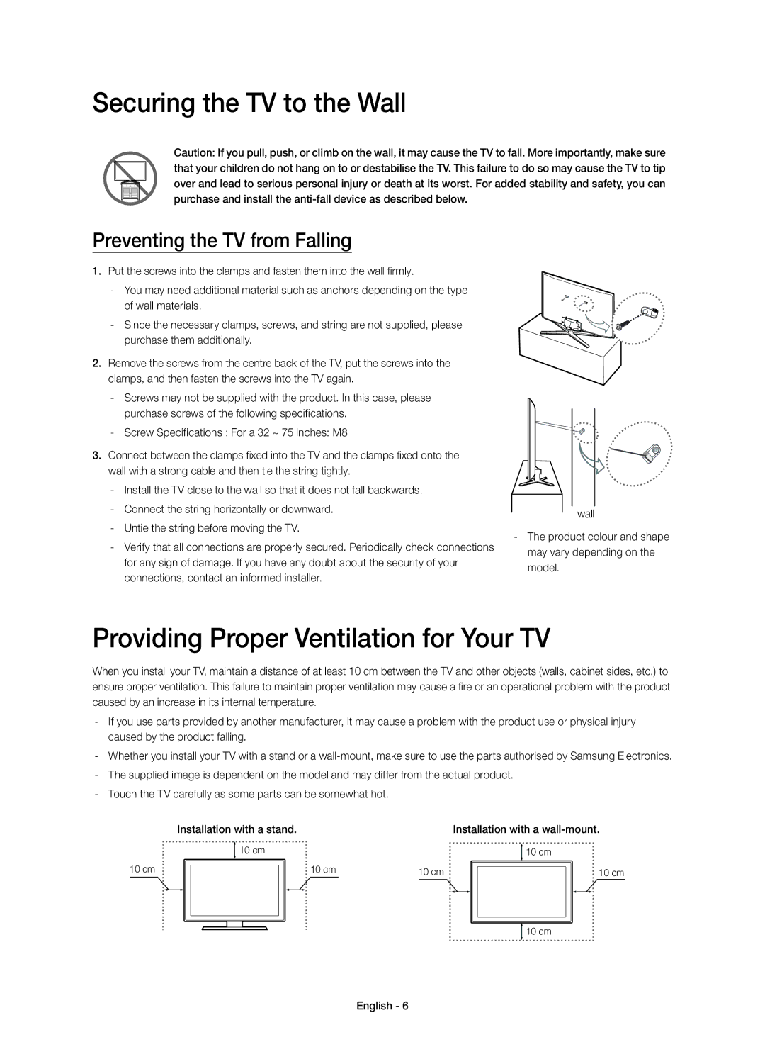 Samsung UE48H6475SUXXE, UE40H6475SUXXE manual Securing the TV to the Wall, Providing Proper Ventilation for Your TV 