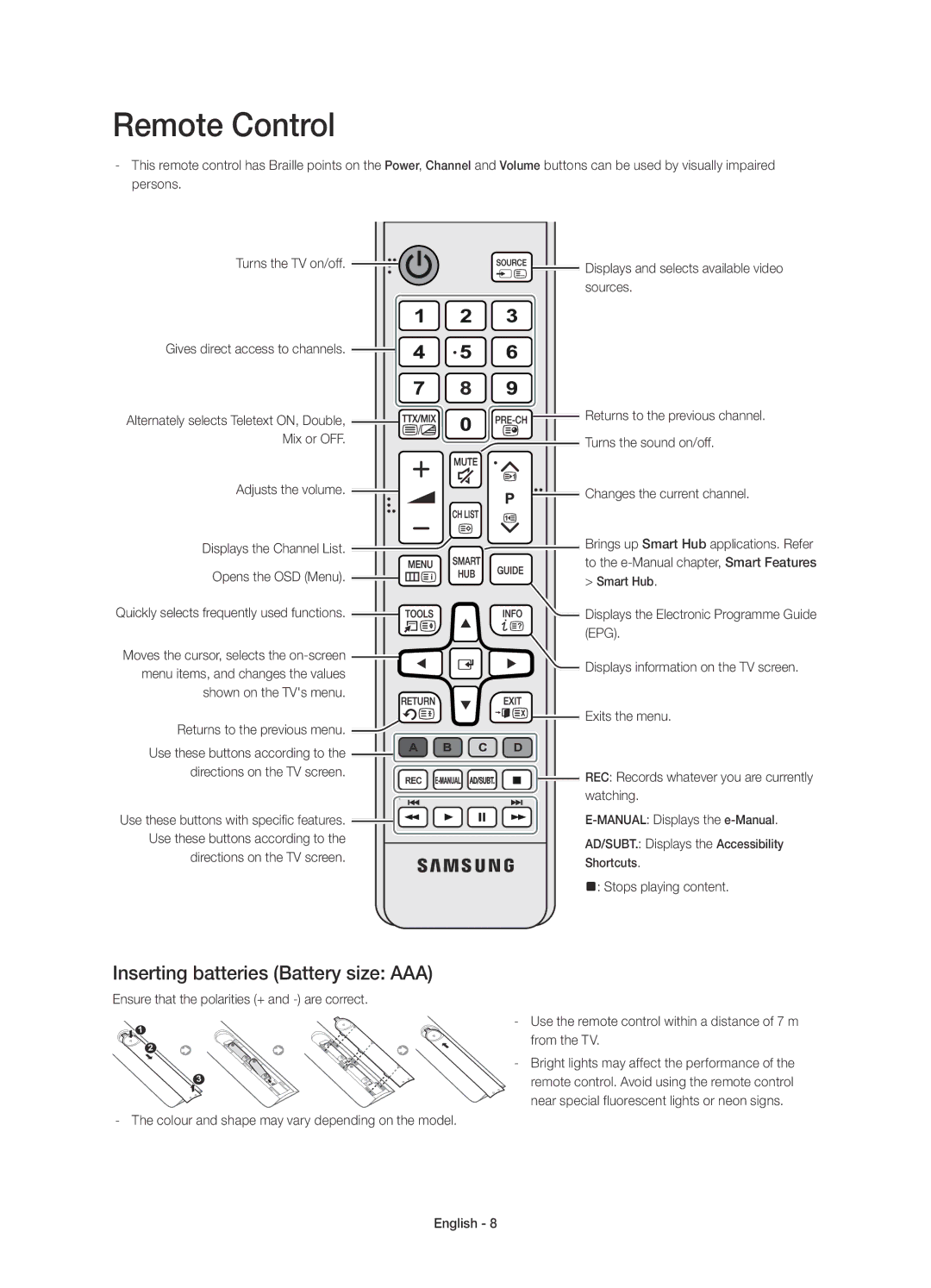 Samsung UE32H6475SUXXE, UE40H6475SUXXE, UE55H6475SUXXE, UE50H6475SUXXE Remote Control, Inserting batteries Battery size AAA 