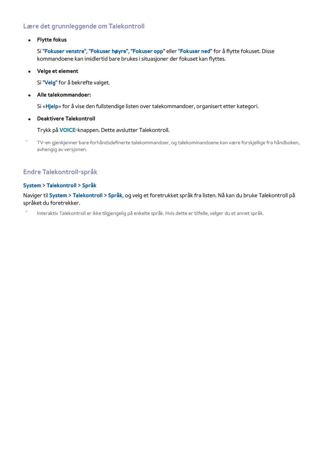 Samsung UE48H6505STXXE manual Lære det grunnleggende om Talekontroll, Endre Talekontroll-språk, System Talekontroll Språk 