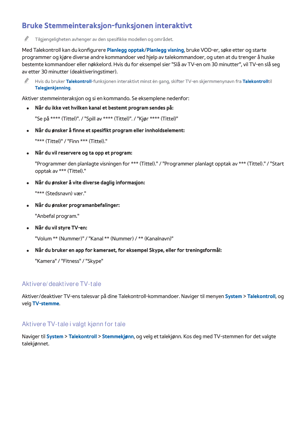 Samsung UE32H4505AKXXE, UE40H6505STXXE manual Bruke Stemmeinteraksjon-funksjonen interaktivt, Aktivere/deaktivere TV-tale 