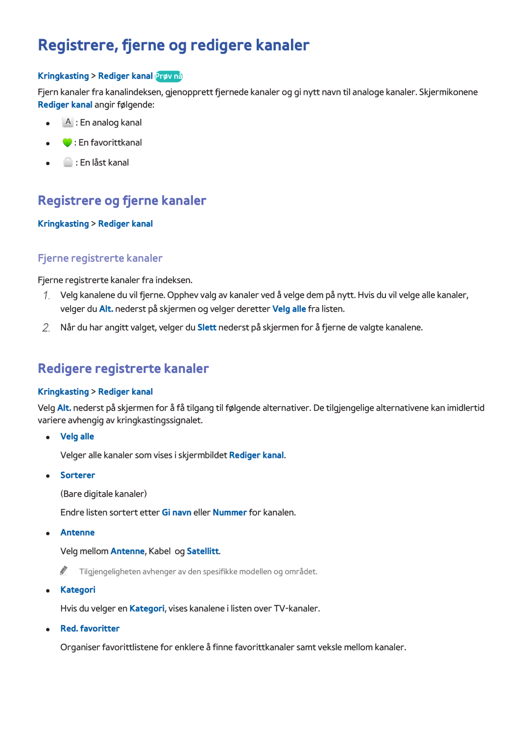 Samsung UE48H6705STXXE Registrere, fjerne og redigere kanaler, Registrere og fjerne kanaler, Redigere registrerte kanaler 