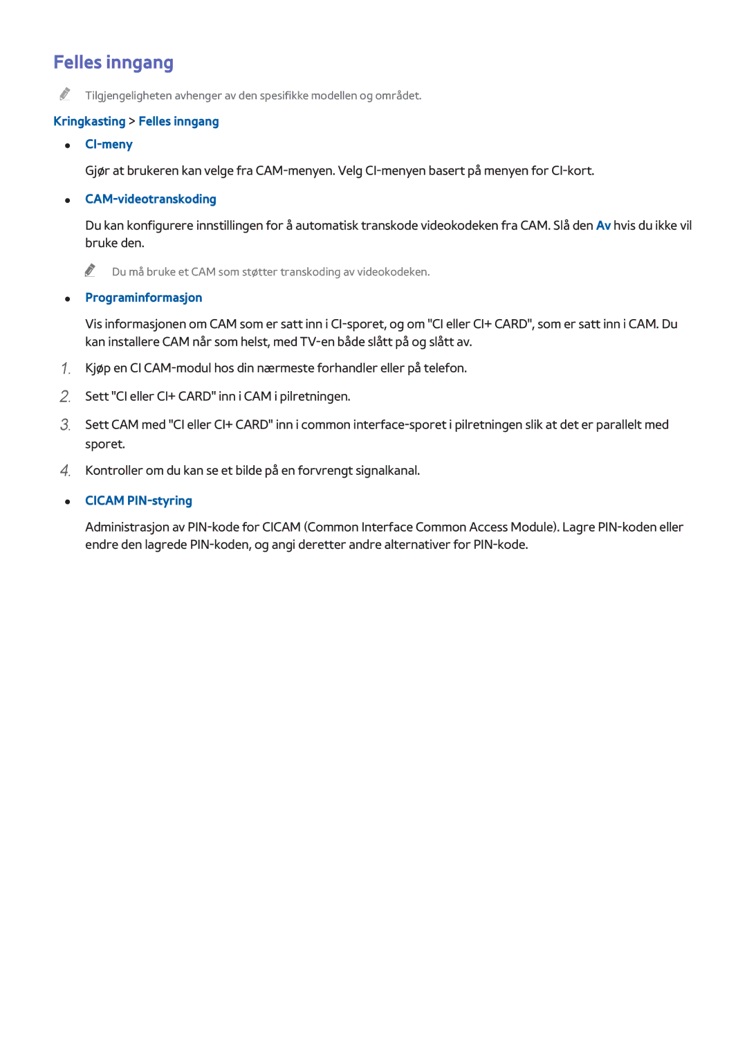 Samsung UE48H6675STXXE, UE40H6505STXXE Kringkasting Felles inngang CI-meny, CAM-videotranskoding, Programinformasjon 