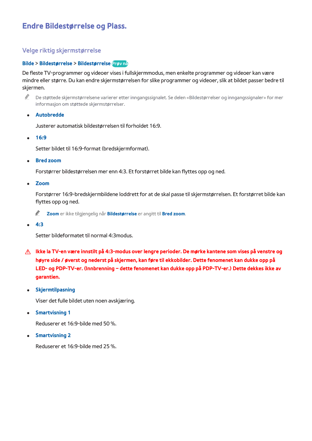 Samsung UE40H6655STXXE, UE40H6505STXXE, UE32H6275SUXXE manual Endre Bildestørrelse og Plass, Velge riktig skjermstørrelse 