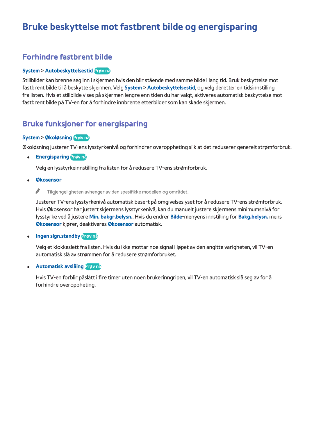 Samsung UE48H6415SUXXE, UE40H6505STXXE Bruke beskyttelse mot fastbrent bilde og energisparing, Forhindre fastbrent bilde 