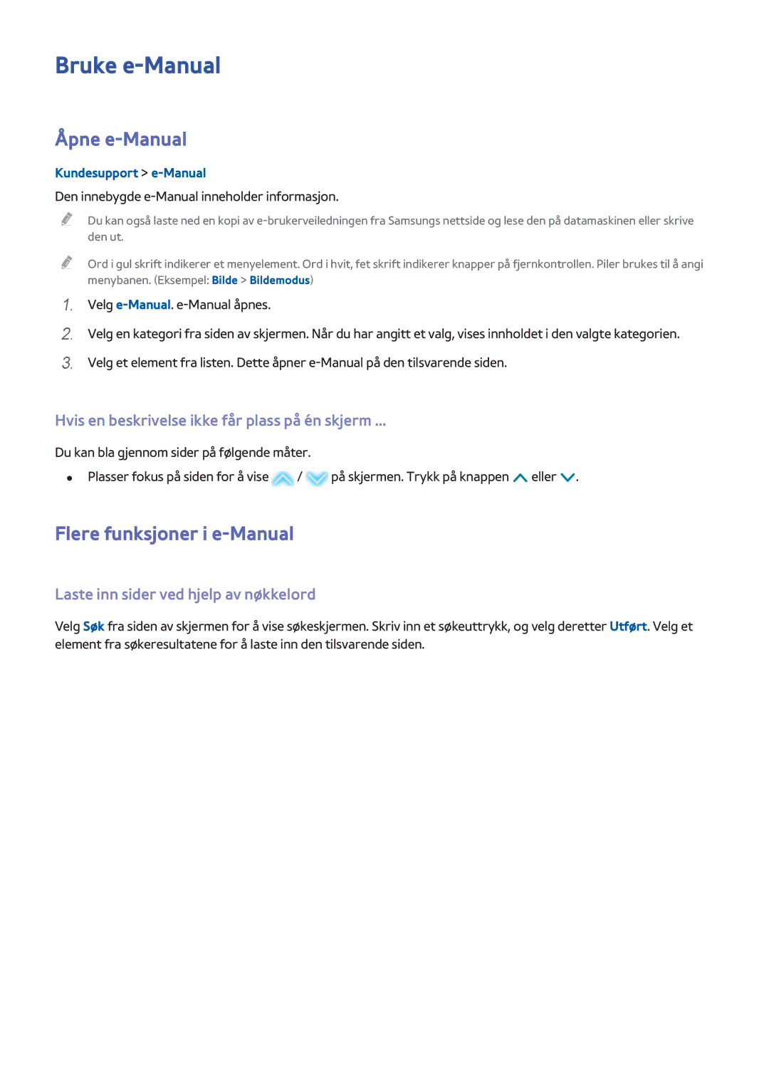 Samsung UE32H5505AKXXE Bruke e-Manual, Åpne e-Manual, Flere funksjoner i e-Manual, Laste inn sider ved hjelp av nøkkelord 