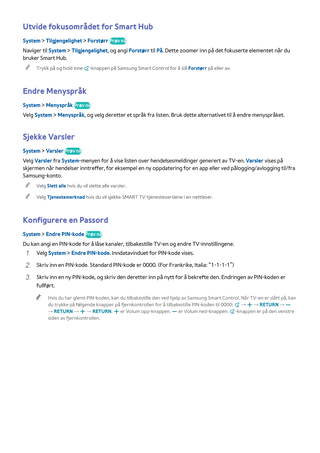Samsung UE55H6275SUXXE manual Utvide fokusområdet for Smart Hub, Endre Menyspråk, Sjekke Varsler, Konfigurere en Passord 