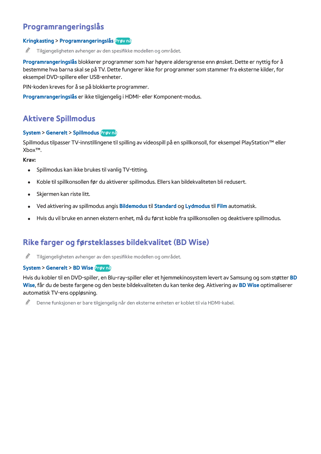 Samsung UE55H6505STXXE manual Programrangeringslås, Aktivere Spillmodus, Rike farger og førsteklasses bildekvalitet BD Wise 