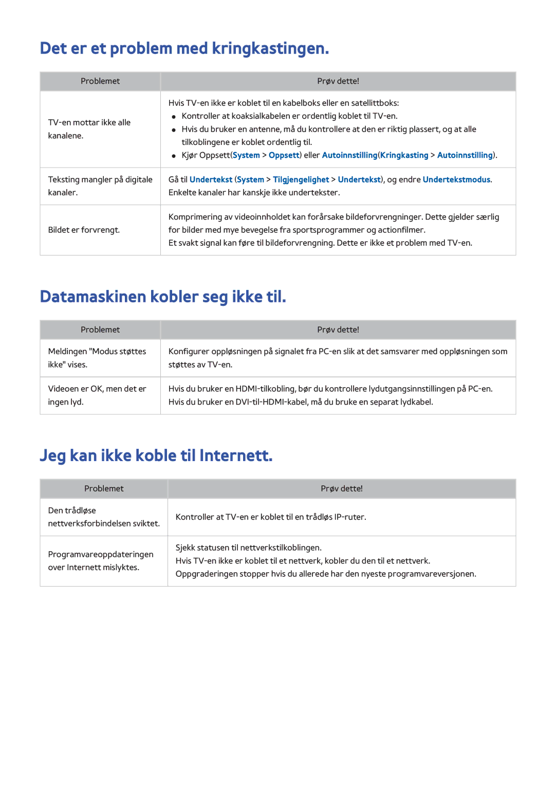 Samsung UE32H4515AKXXE, UE40H6505STXXE manual Det er et problem med kringkastingen, Datamaskinen kobler seg ikke til 