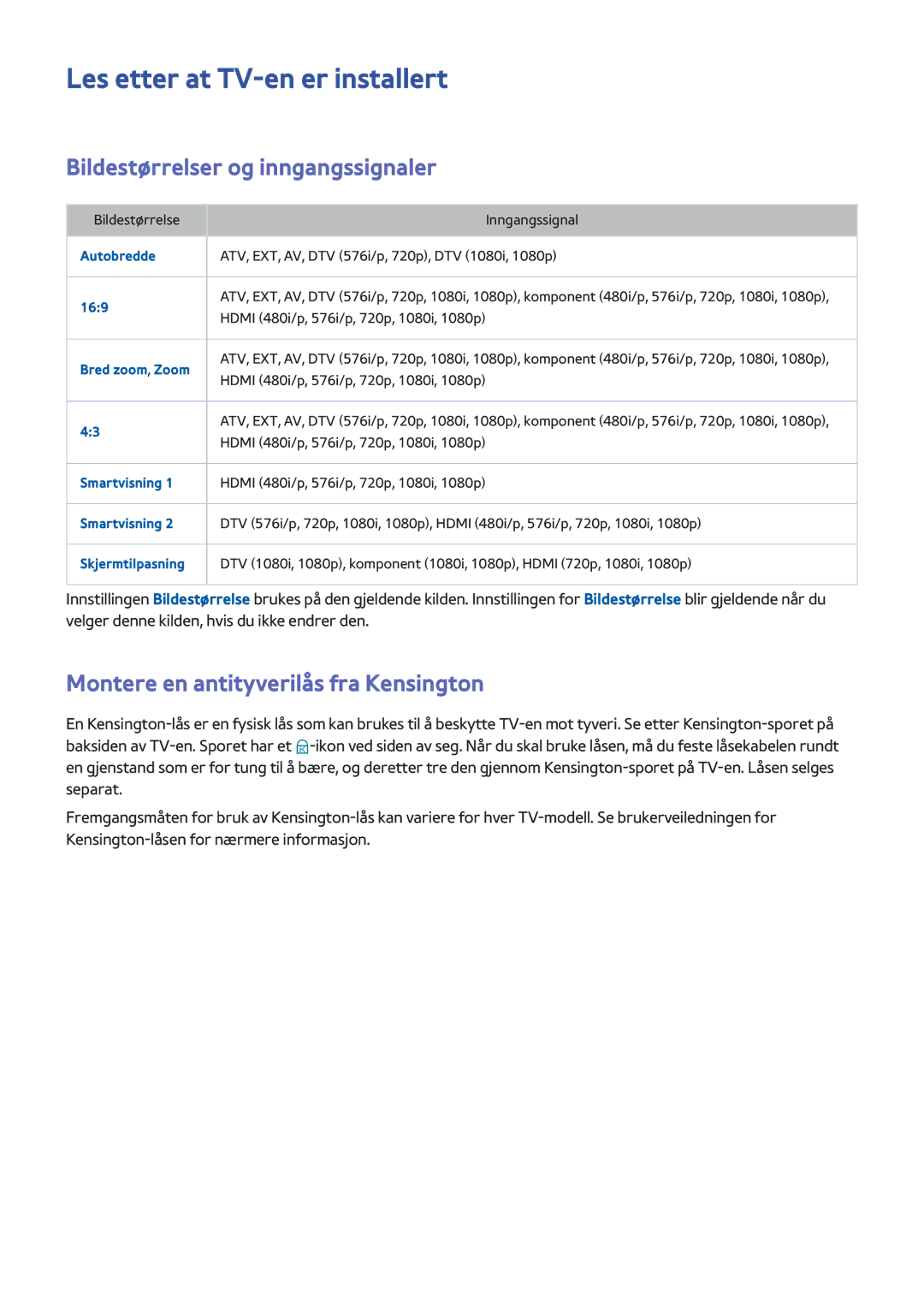 Samsung UE32H6415SUXXE, UE40H6505STXXE manual Les etter at TV-en er installert, Bildestørrelser og inngangssignaler 