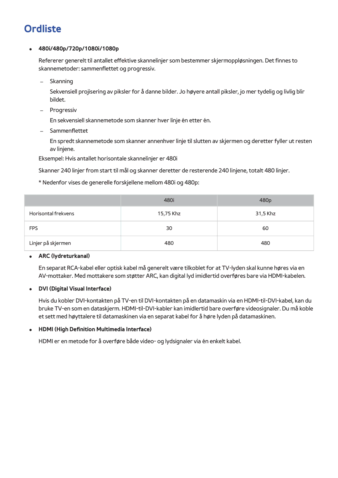 Samsung UE55H6475SUXXE manual Ordliste, 480i/480p/720p/1080i/1080p, ARC lydreturkanal, DVI Digital Visual Interface 