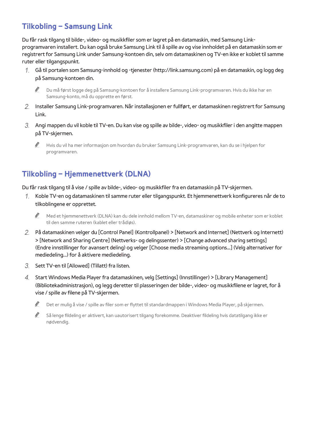 Samsung UE48H6275SUXXE, UE40H6505STXXE, UE32H6275SUXXE manual Tilkobling Samsung Link, Tilkobling Hjemmenettverk Dlna 