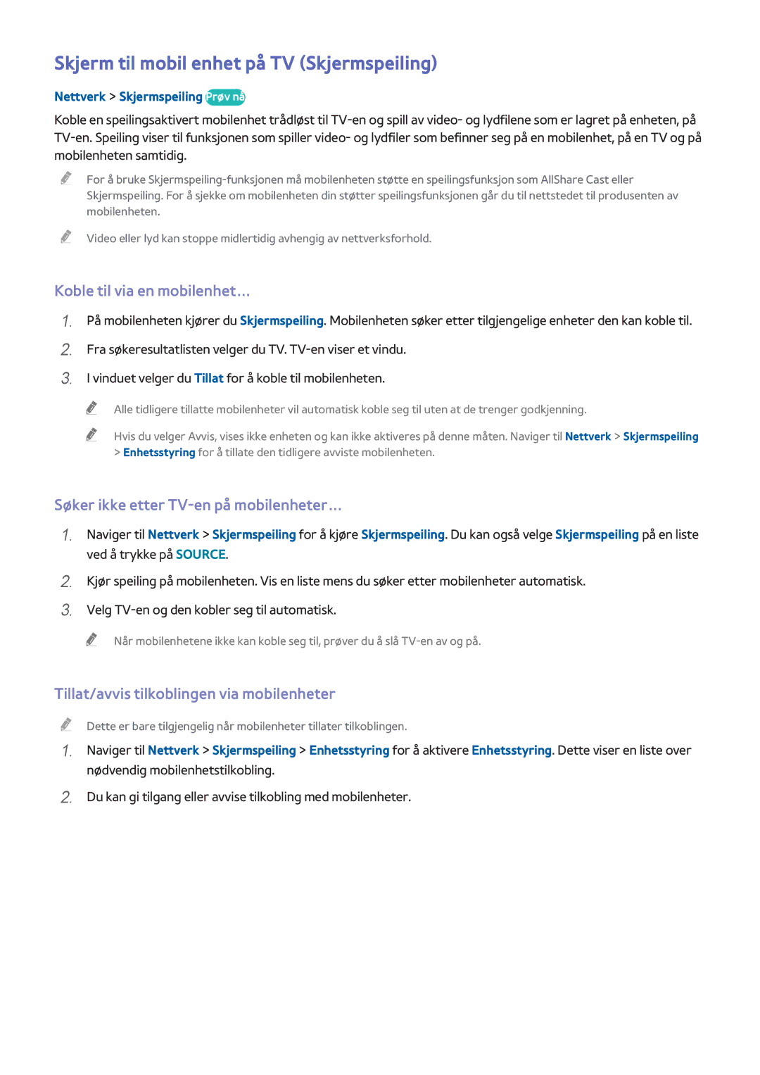 Samsung UE32H4505AKXXE, UE40H6505STXXE manual Skjerm til mobil enhet på TV Skjermspeiling, Koble til via en mobilenhet… 