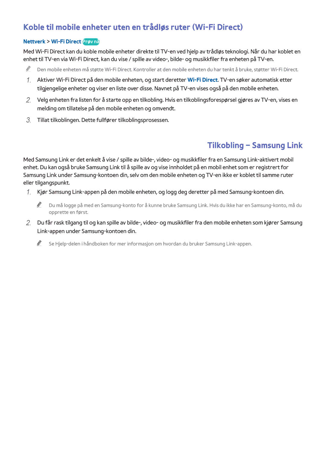 Samsung UE55H6275SUXXE manual Koble til mobile enheter uten en trådløs ruter Wi-Fi Direct, Nettverk Wi-Fi Direct Prøv nå 