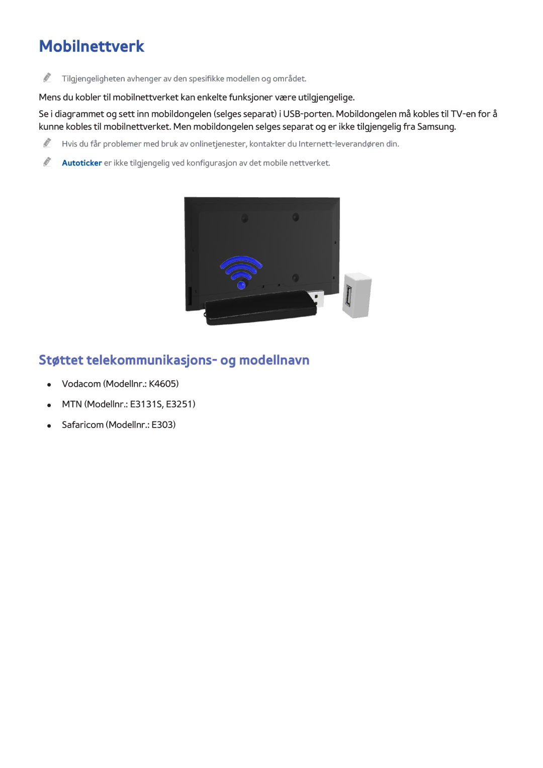 Samsung UE55H6675STXXE, UE40H6505STXXE, UE32H6275SUXXE manual Mobilnettverk, Støttet telekommunikasjons- og modellnavn 