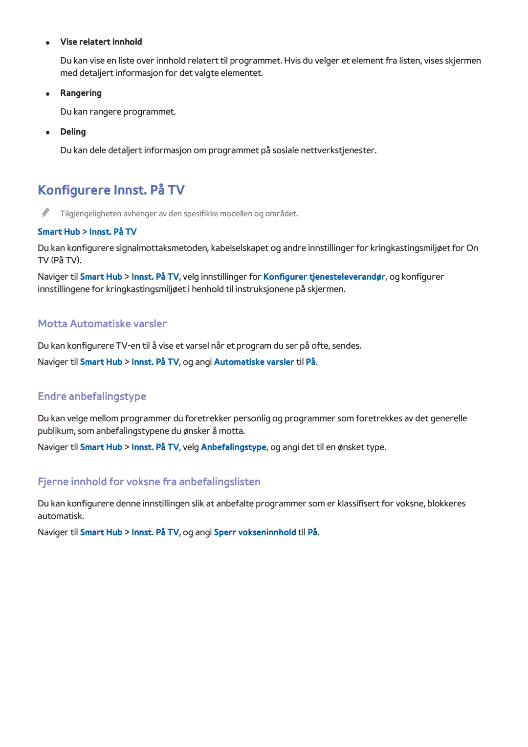 Samsung UE32H4515AKXXE Konfigurere Innst. På TV, Motta Automatiske varsler, Endre anbefalingstype, Smart Hub Innst. På TV 