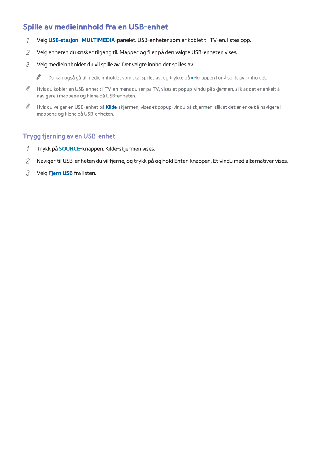 Samsung UE50H5505AKXXE, UE40H6505STXXE manual Spille av medieinnhold fra en USB-enhet, Trygg fjerning av en USB-enhet 
