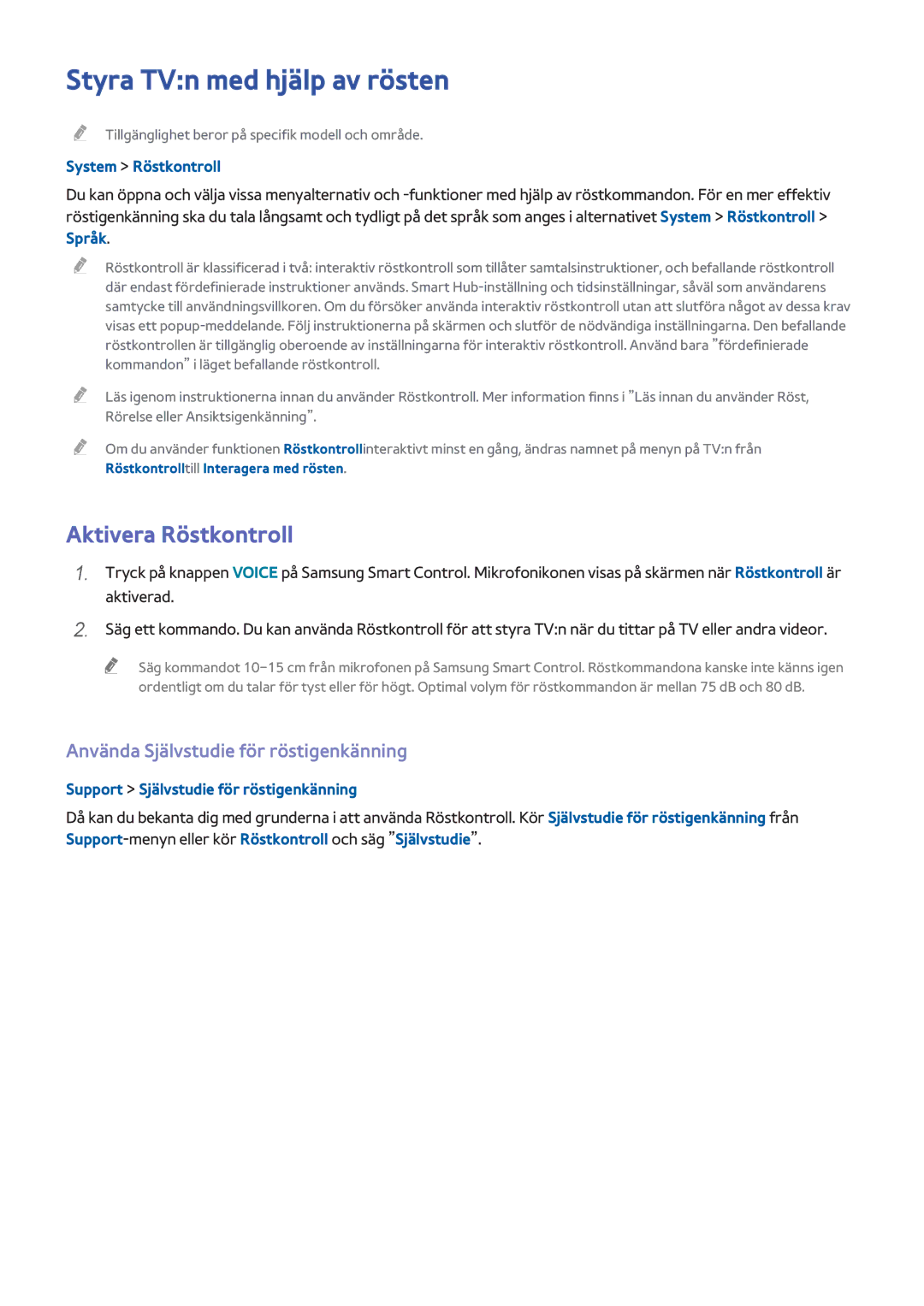 Samsung UE48H6275SUXXE manual Styra TVn med hjälp av rösten, Aktivera Röstkontroll, Använda Självstudie för röstigenkänning 