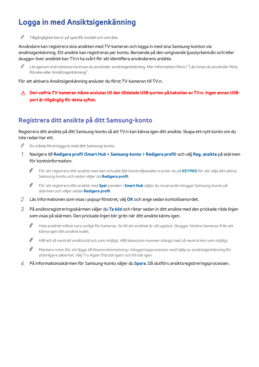 Samsung UE40H5505AKXXE, UE40H6505STXXE manual Logga in med Ansiktsigenkänning, Registrera ditt ansikte på ditt Samsung-konto 