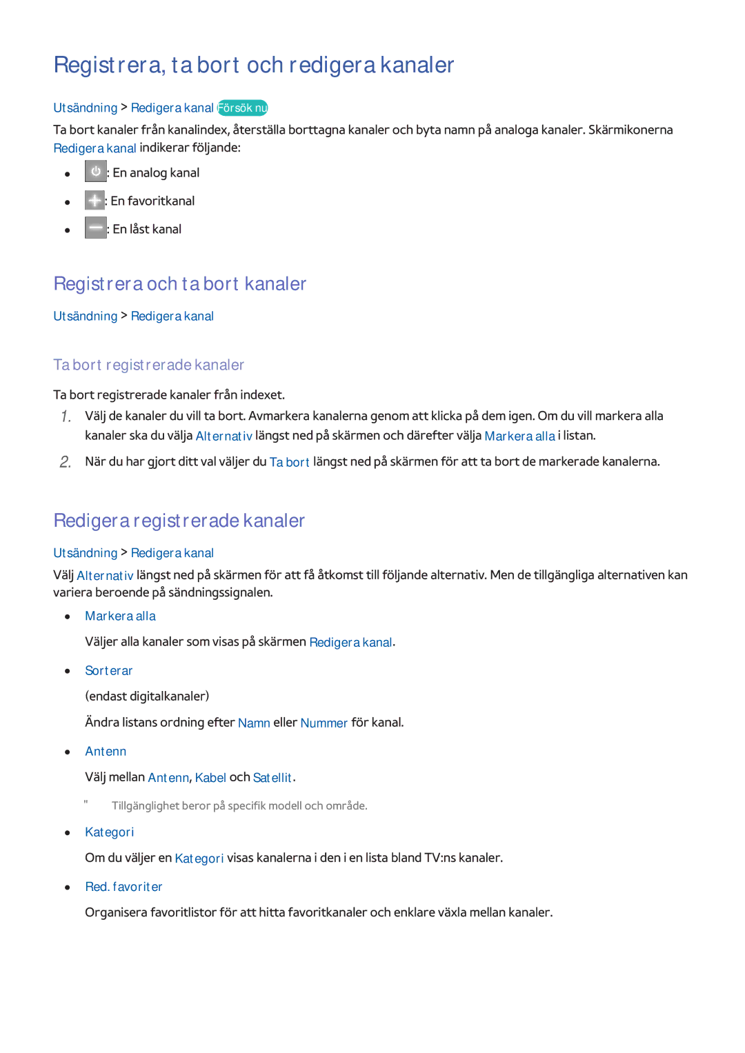 Samsung UE48H6705STXXE, UE40H6505STXXE manual Registrera, ta bort och redigera kanaler, Registrera och ta bort kanaler 