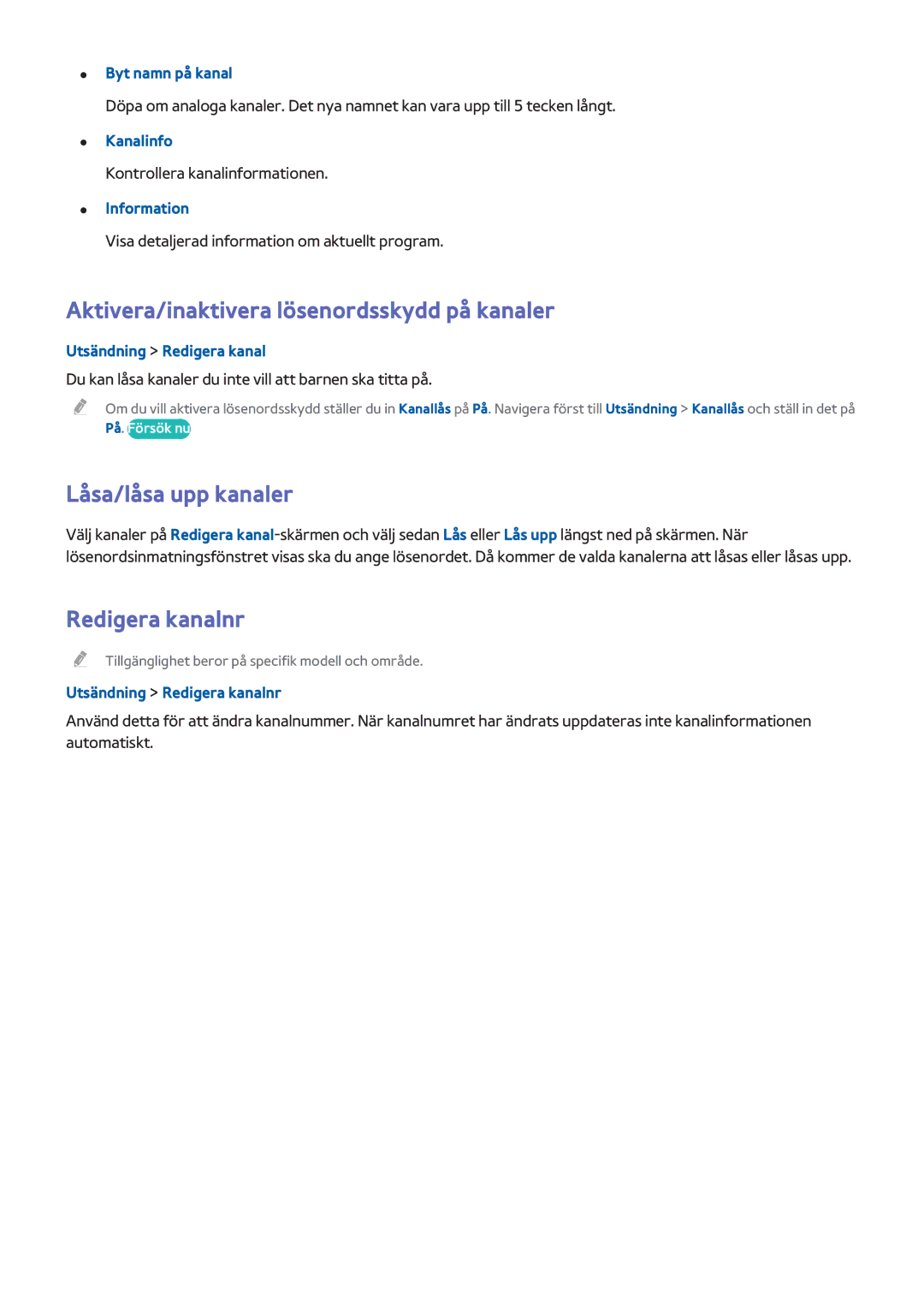 Samsung UE50H5505AKXXE manual Aktivera/inaktivera lösenordsskydd på kanaler, Låsa/låsa upp kanaler, Redigera kanalnr 