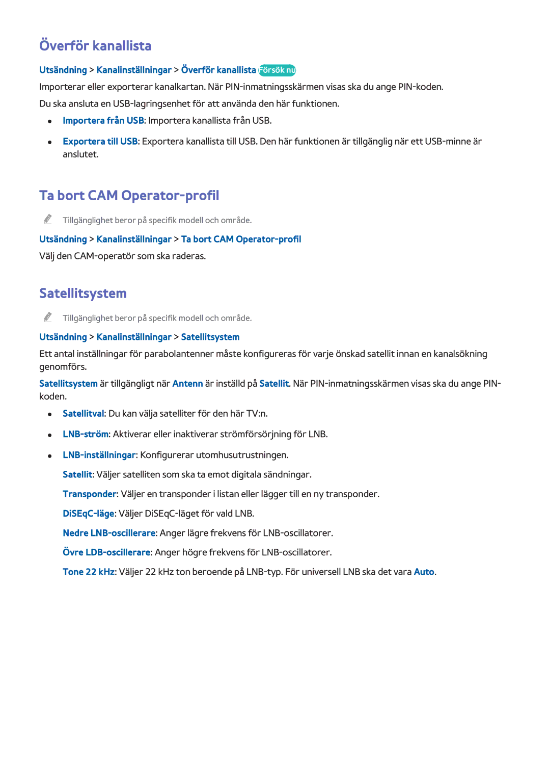 Samsung UE32H6275SUXXE, UE40H6505STXXE, UE50H6275SUXXE manual Överför kanallista, Ta bort CAM Operator-profil, Satellitsystem 