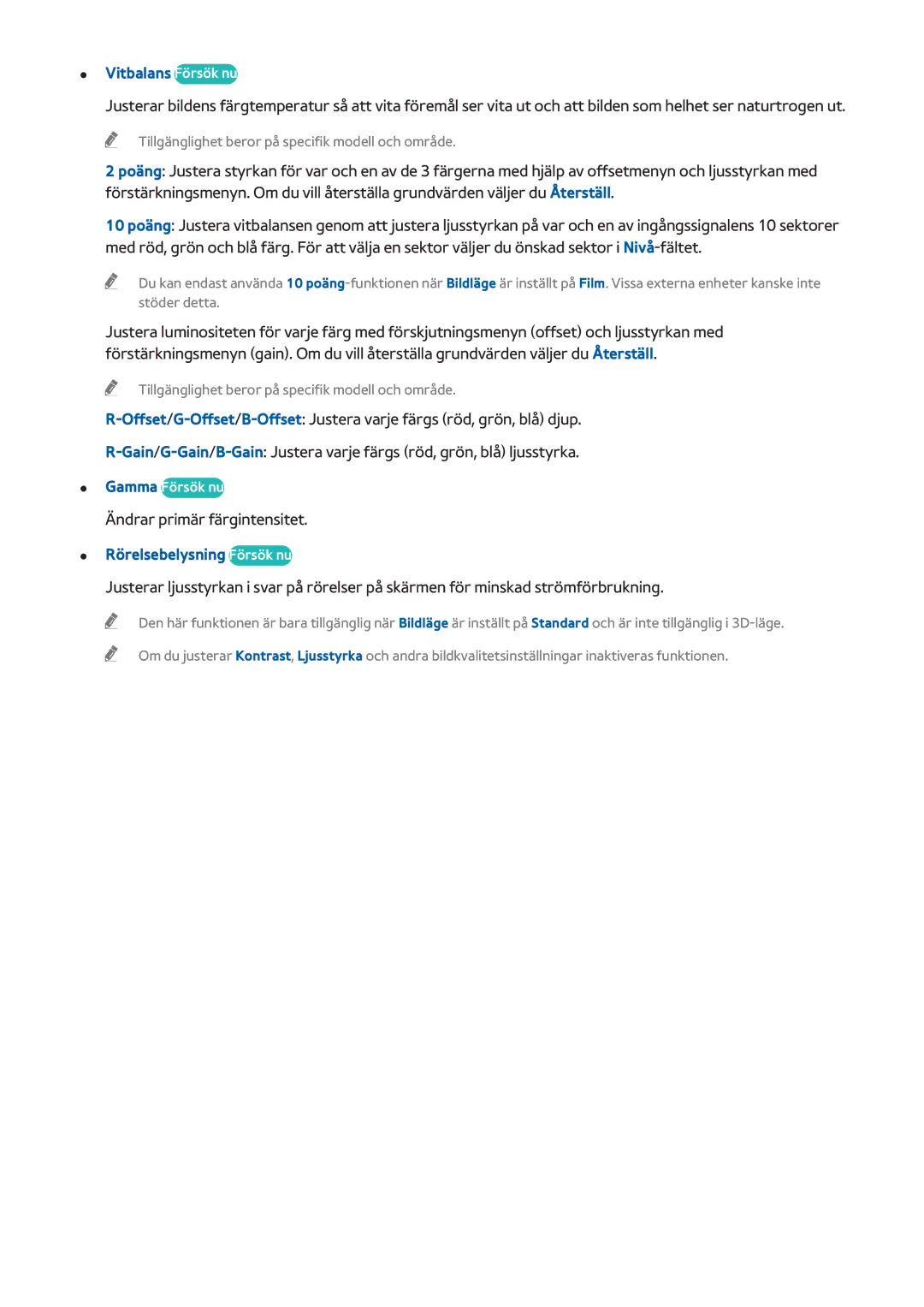 Samsung UE32H6475SUXXE, UE40H6505STXXE manual Vitbalans Försök nu, Ändrar primär färgintensitet, Rörelsebelysning Försök nu 