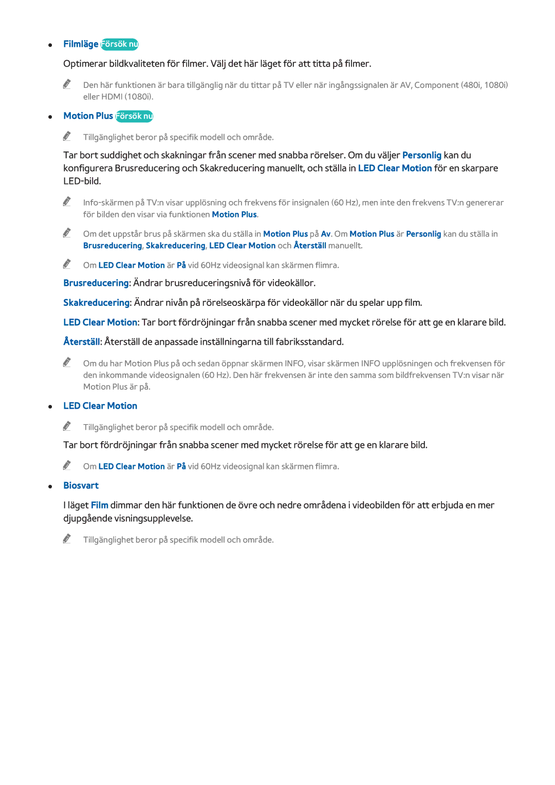 Samsung UE55H6705STXXE, UE40H6505STXXE manual Filmläge Försök nu, Motion Plus Försök nu, LED Clear Motion, Biosvart 