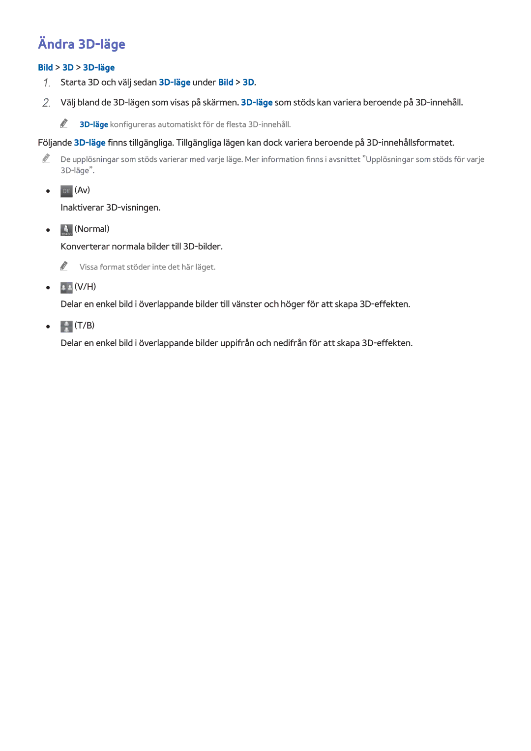 Samsung UE22H5615AKXXE, UE40H6505STXXE, UE32H6275SUXXE, UE50H6275SUXXE, UE48H6675STXXE manual Ändra 3D-läge, Bild 3D 3D-läge 