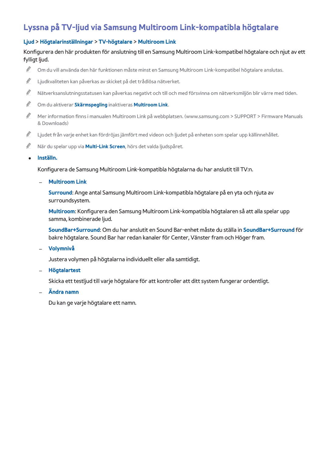 Samsung UE55H6415SUXXE manual Ljud Högtalarinställningar TV-högtalare Multiroom Link, Volymnivå, Högtalartest, Ändra namn 