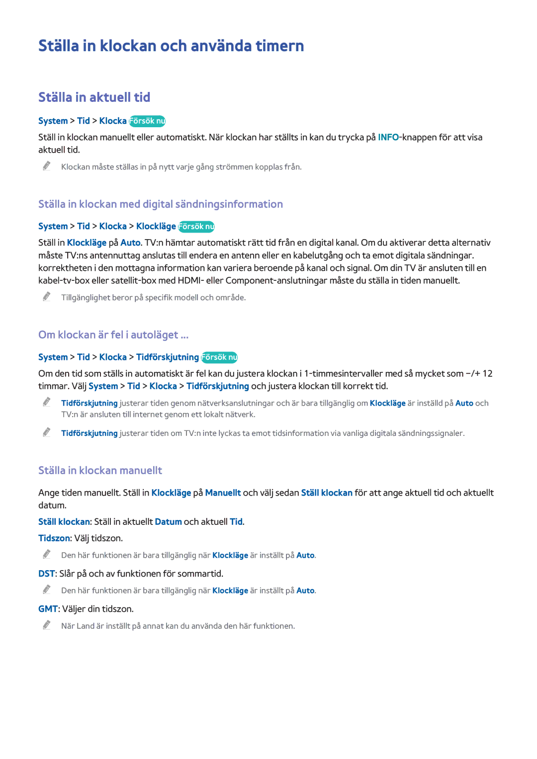 Samsung UE48H6705STXXE manual Ställa in klockan och använda timern, Ställa in aktuell tid, Om klockan är fel i autoläget 