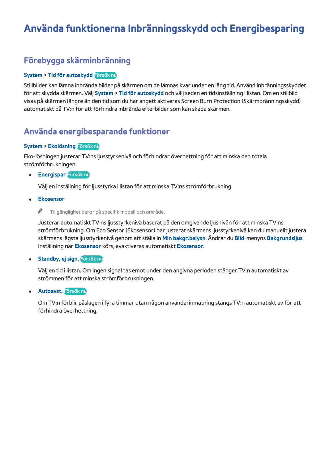 Samsung UE48H6415SUXXE manual Använda funktionerna Inbränningsskydd och Energibesparing, Förebygga skärminbränning 