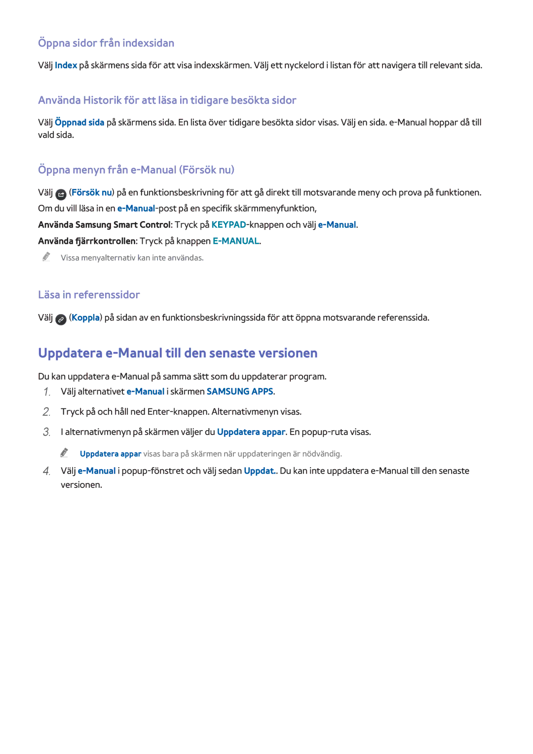 Samsung UE40H6415SUXXE Uppdatera e-Manual till den senaste versionen, Öppna sidor från indexsidan, Läsa in referenssidor 