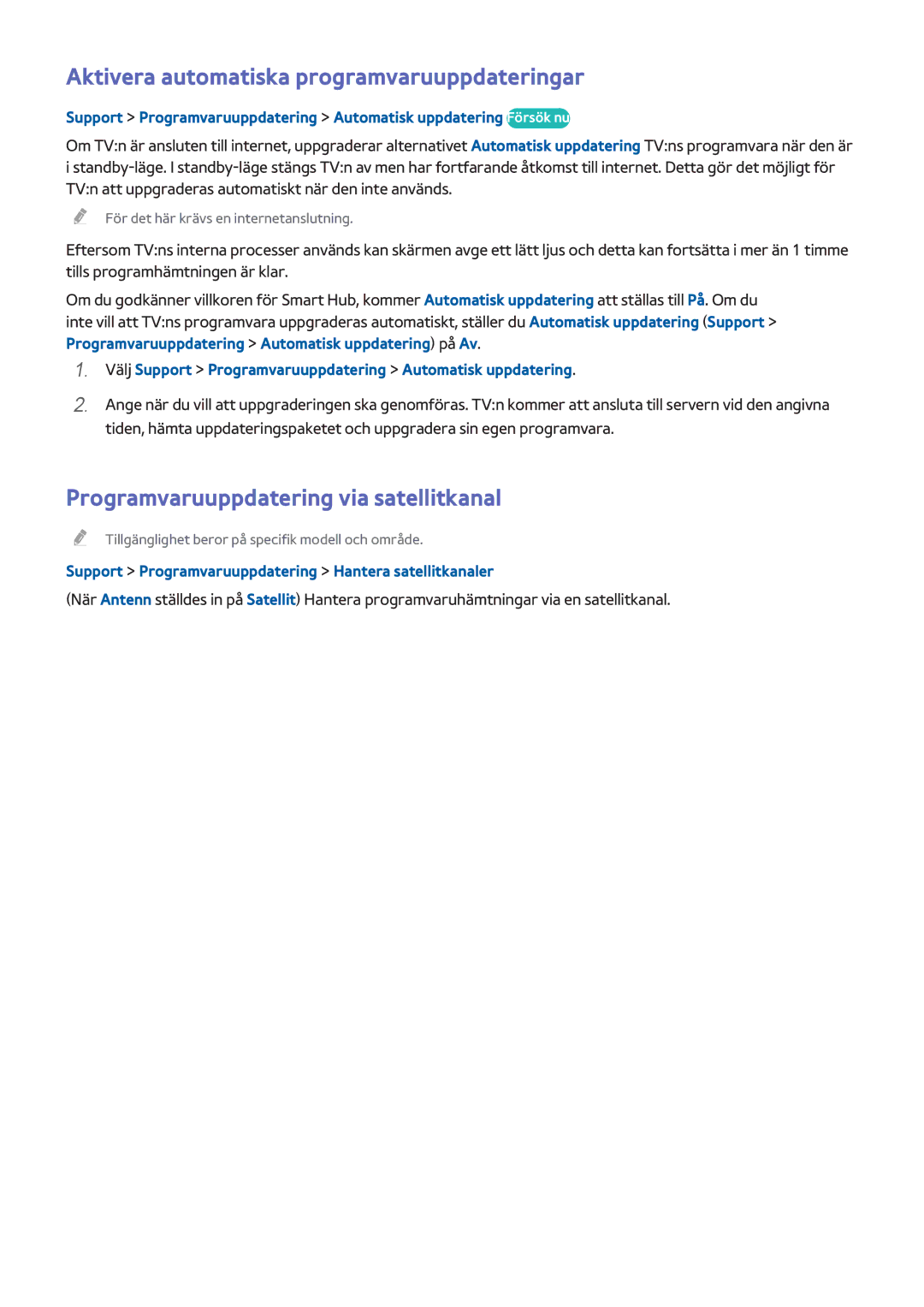 Samsung UE60H6275SUXXE manual Aktivera automatiska programvaruuppdateringar, Programvaruuppdatering via satellitkanal 