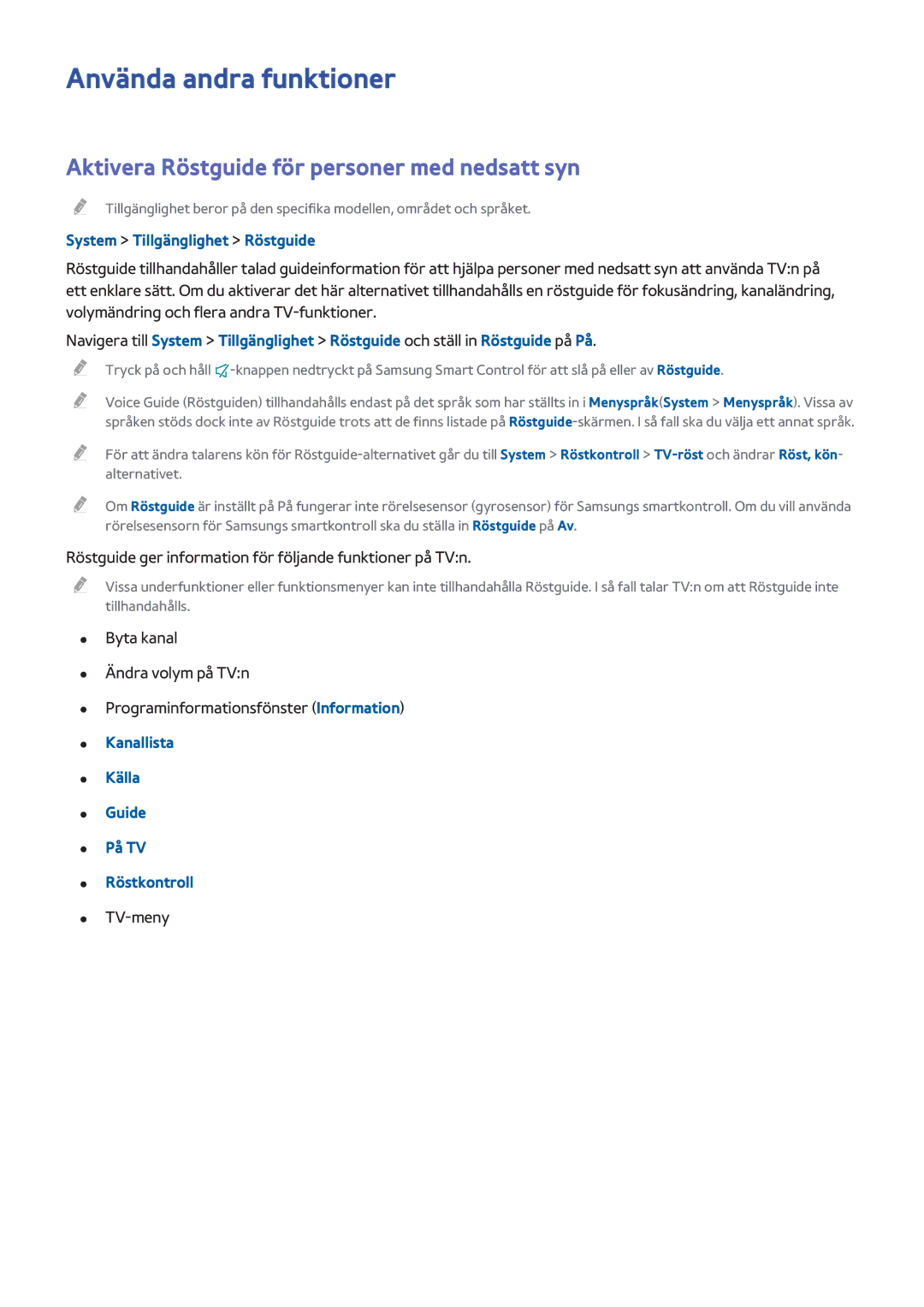 Samsung UE48H6505STXXE, UE40H6505STXXE manual Använda andra funktioner, Aktivera Röstguide för personer med nedsatt syn 