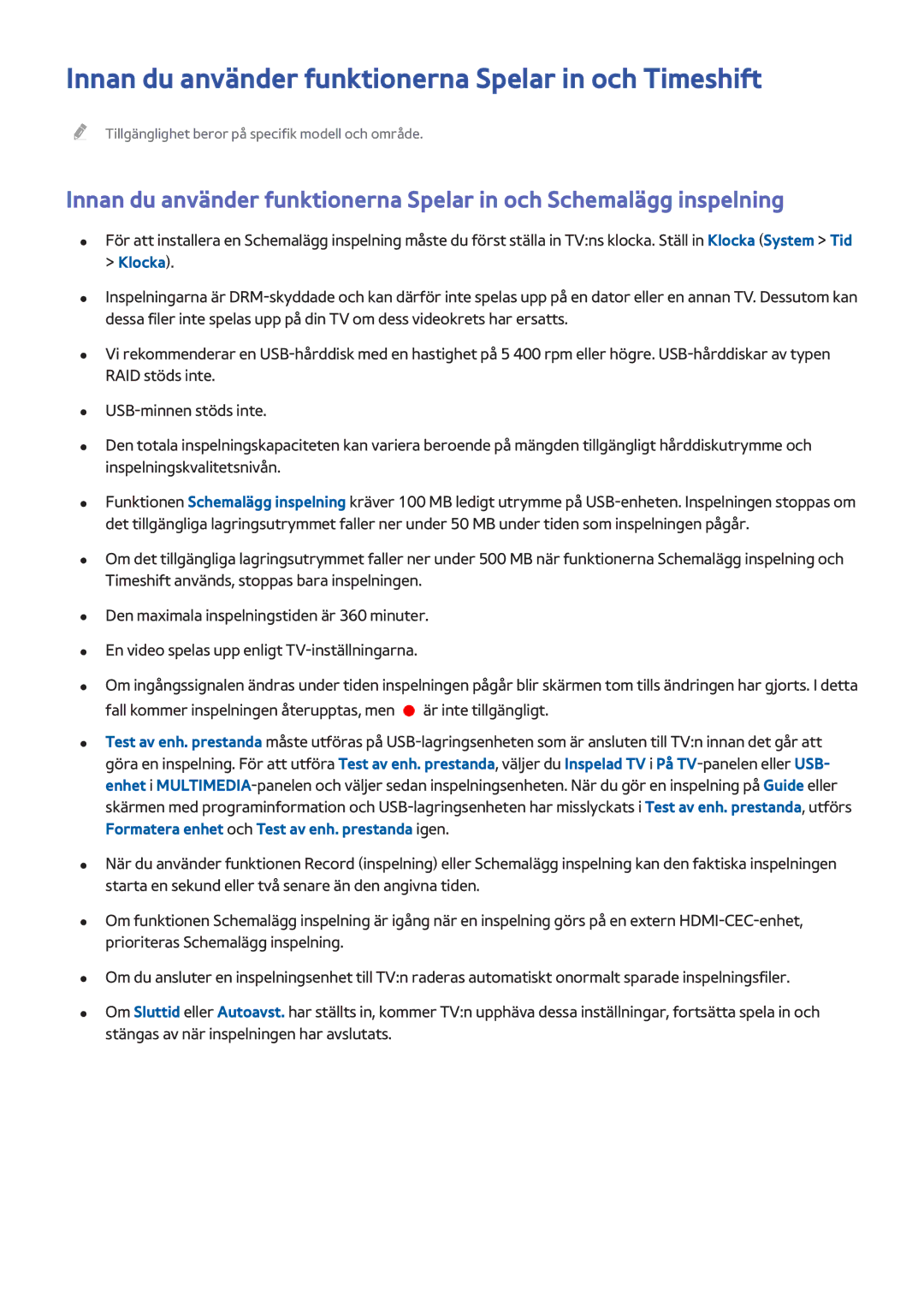 Samsung UE75H6475SUXXE, UE40H6505STXXE, UE32H6275SUXXE manual Innan du använder funktionerna Spelar in och Timeshift, Klocka 