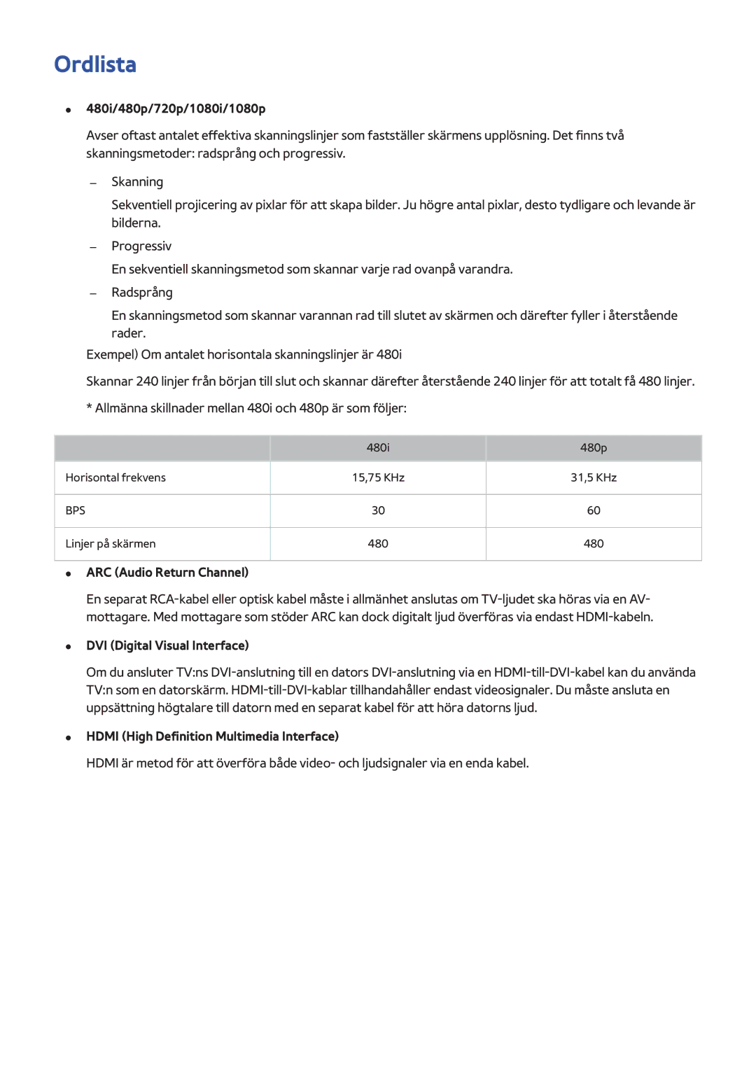 Samsung UE55H6475SUXXE manual Ordlista, 480i/480p/720p/1080i/1080p, ARC Audio Return Channel, DVI Digital Visual Interface 