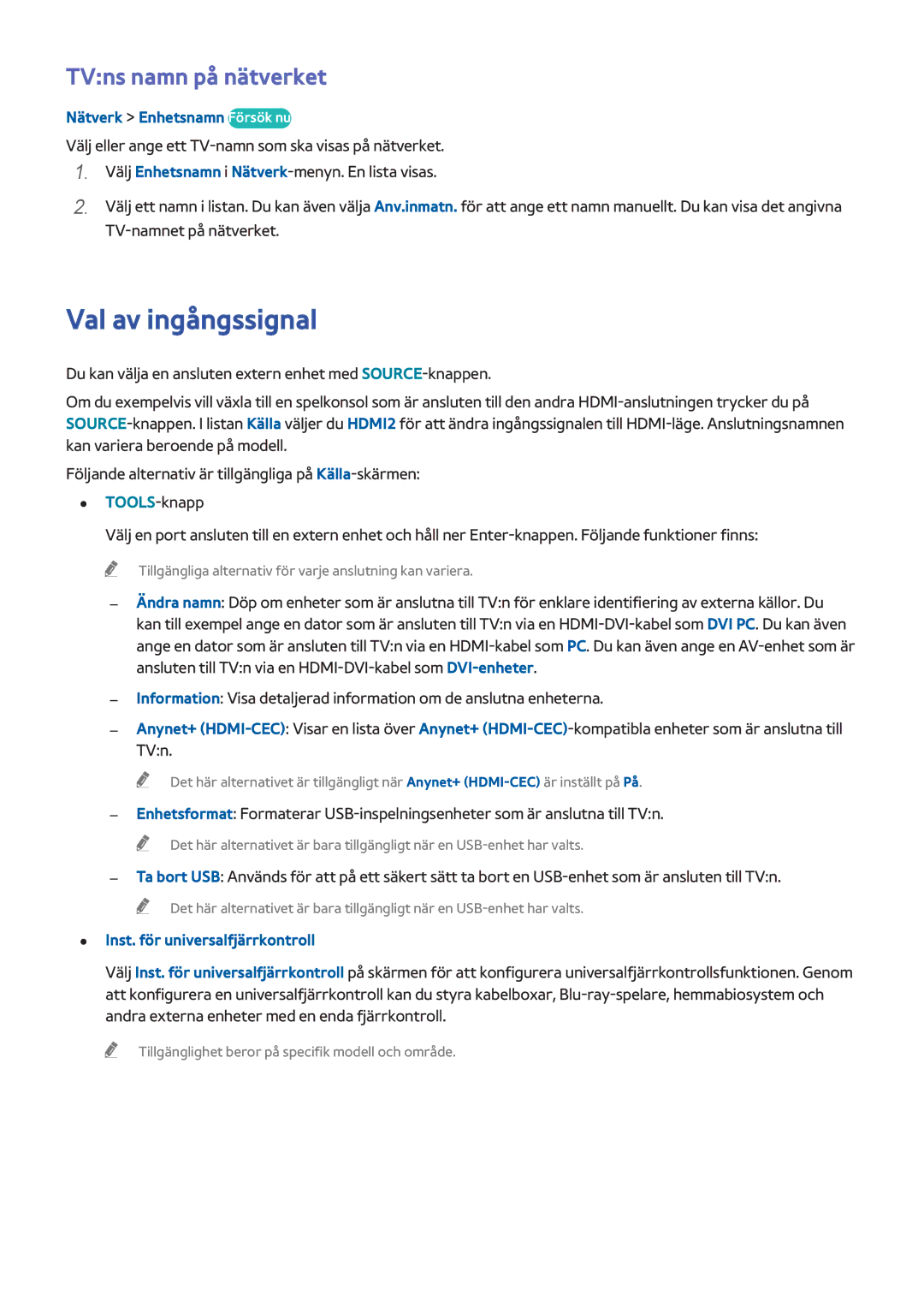 Samsung UE40H6505STXXE, UE32H6275SUXXE manual Val av ingångssignal, TVns namn på nätverket, Nätverk Enhetsnamn Försök nu 