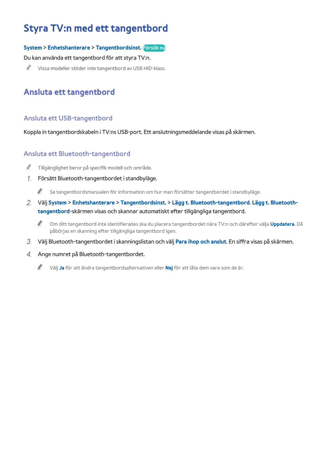 Samsung UE40H6655STXXE, UE40H6505STXXE Styra TVn med ett tangentbord, Ansluta ett tangentbord, Ansluta ett USB-tangentbord 