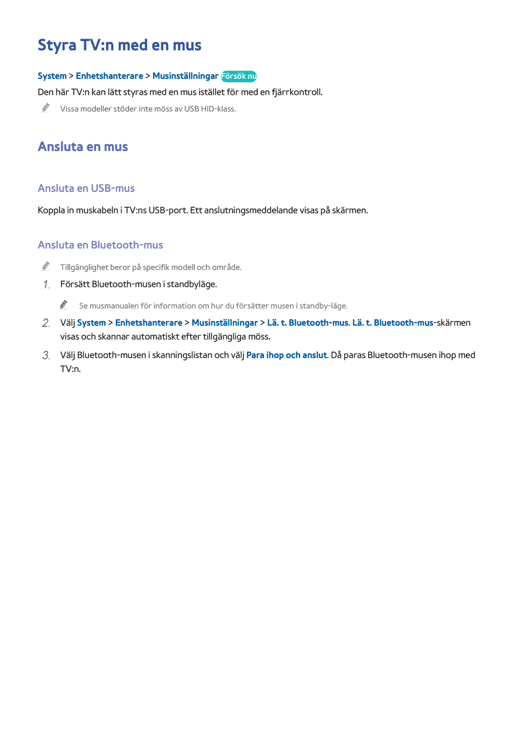 Samsung UE55H6475SUXXE, UE40H6505STXXE Styra TVn med en mus, Ansluta en mus, Ansluta en USB-mus, Ansluta en Bluetooth-mus 