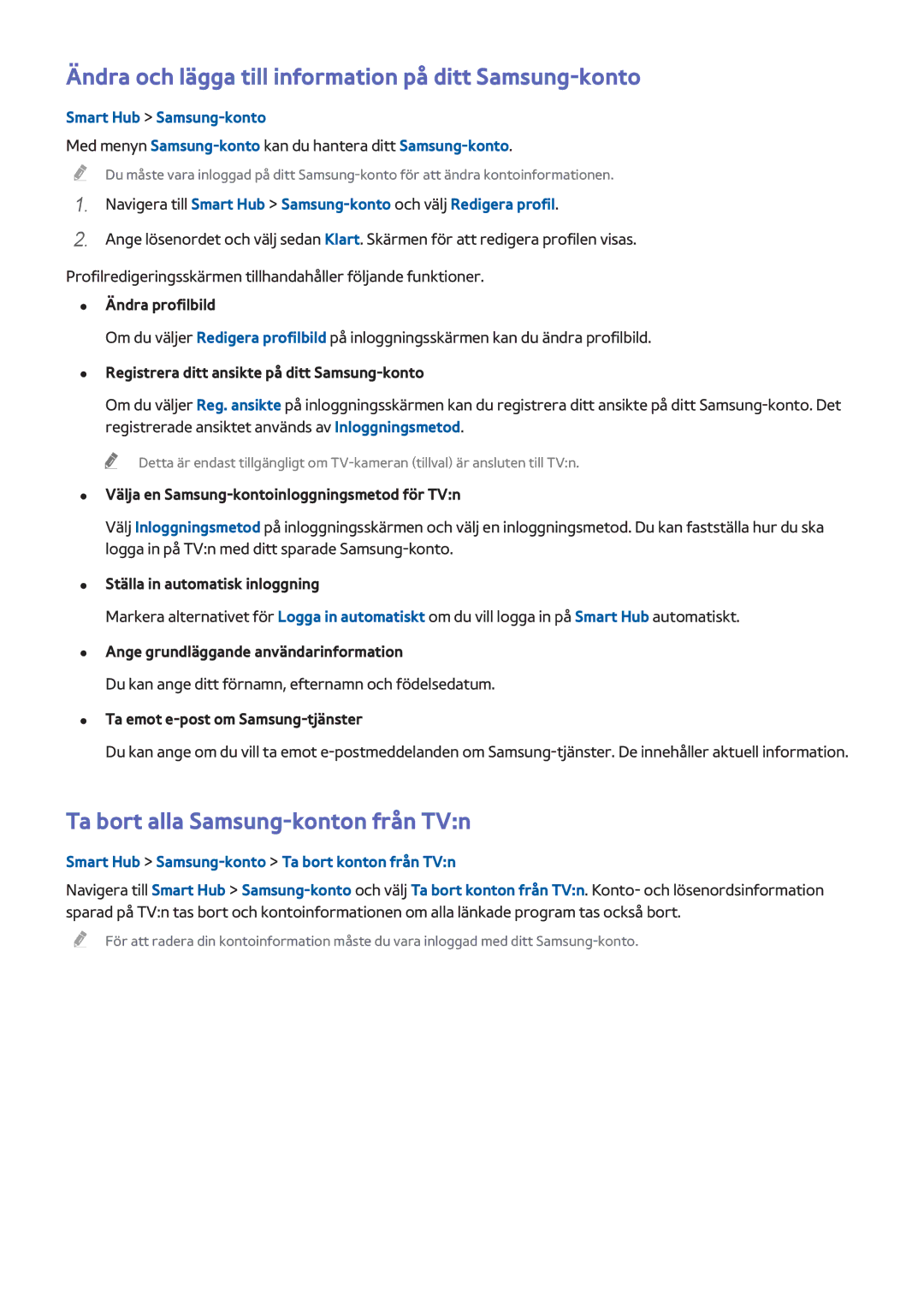 Samsung UE40H6505STXXE manual Ändra och lägga till information på ditt Samsung-konto, Ta bort alla Samsung-konton från TVn 