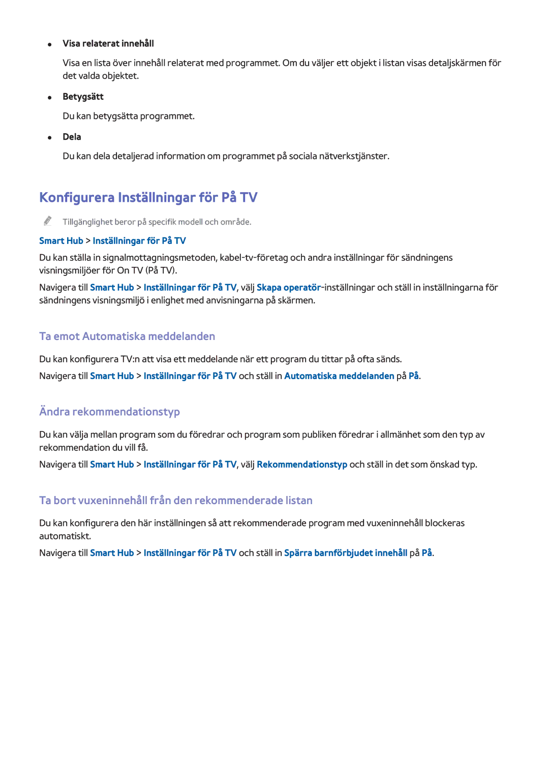 Samsung UE32H4515AKXXE Konfigurera Inställningar för På TV, Ta emot Automatiska meddelanden, Ändra rekommendationstyp 