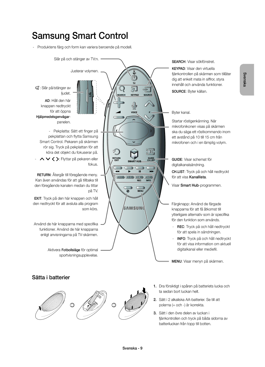 Samsung UE55H6675STXXE, UE40H6505STXXE manual Sätta i batterier, Search Visar sökfönstret, Source Byter källan Byter kanal 