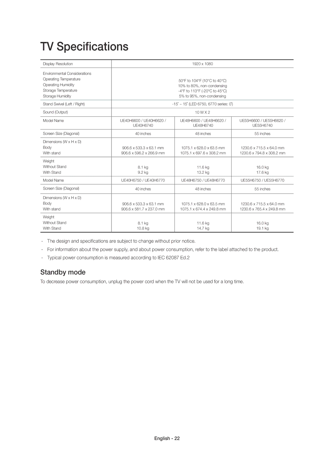 Samsung UE55H6620SVXZG, UE40H6620SVXZG, UE55H6740SVXZG, UE55H6750SVXZG, UE48H6740SVXZG manual TV Specifications, Standby mode 