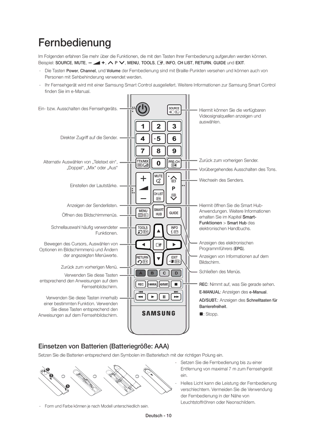 Samsung UE55H6750SVXZG, UE40H6620SVXZG, UE55H6740SVXZG manual Fernbedienung, Einsetzen von Batterien Batteriegröße AAA 