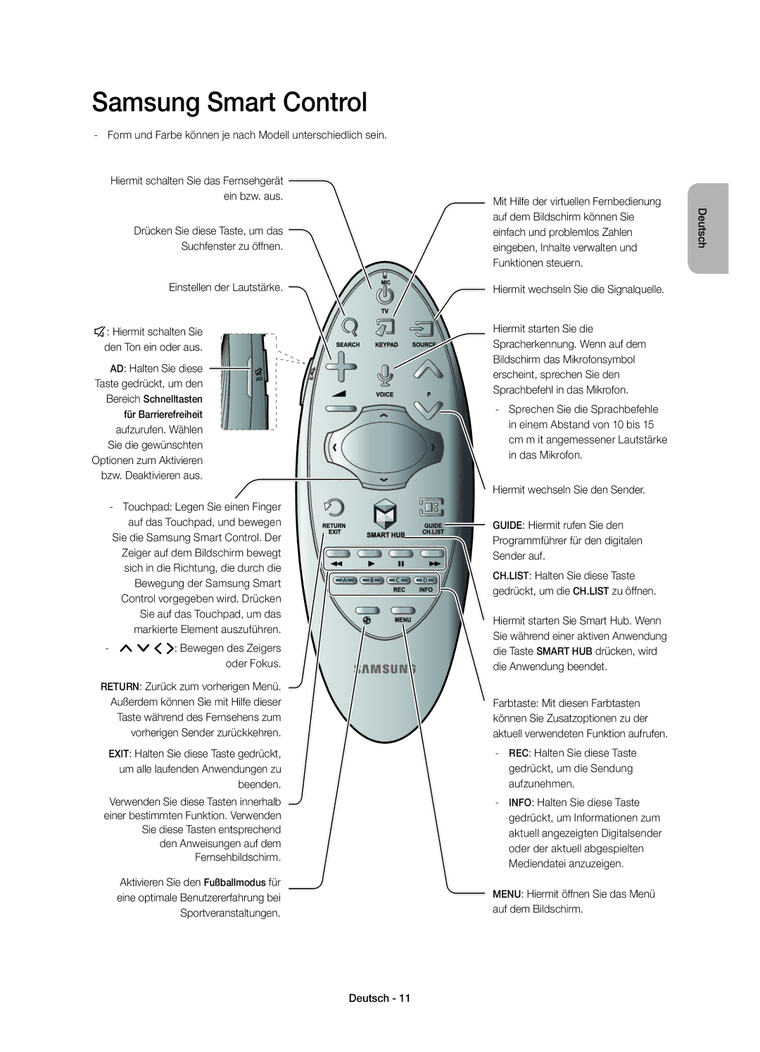 Samsung UE48H6740SVXZG manual Form und Farbe können je nach Modell unterschiedlich sein, ¡ £ Bewegen des Zeigers oder Fokus 