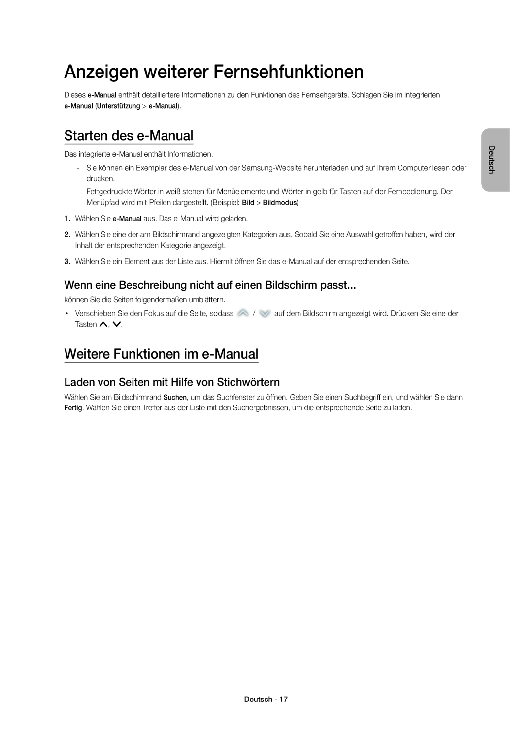 Samsung UE48H6620SVXZG manual Anzeigen weiterer Fernsehfunktionen, Starten des e-Manual, Weitere Funktionen im e-Manual 