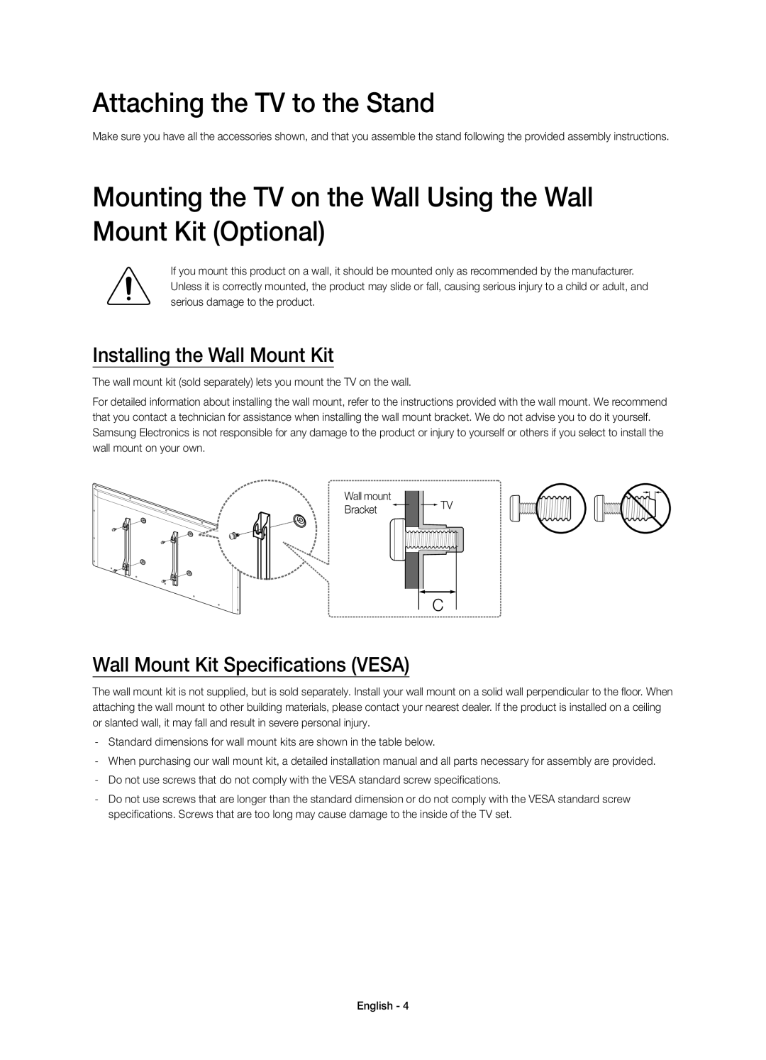 Samsung UE48H6600SVXZG Attaching the TV to the Stand, Installing the Wall Mount Kit, Wall Mount Kit Specifications Vesa 