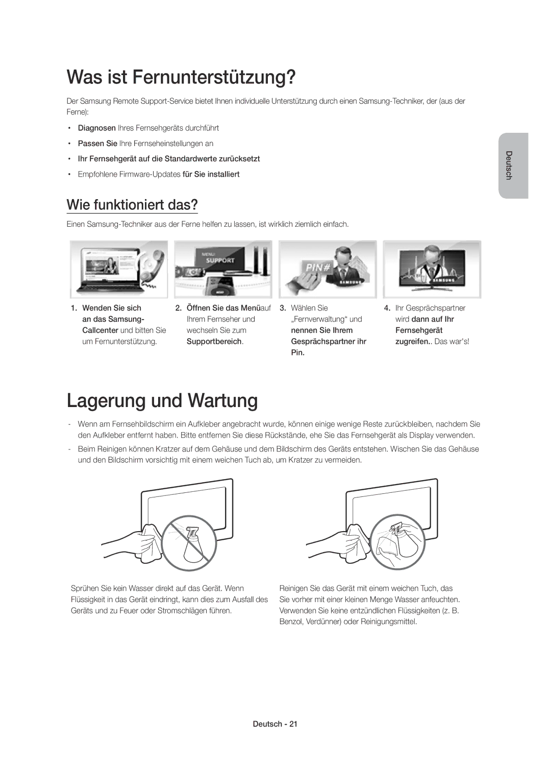 Samsung UE40H6740SVXZG, UE40H6620SVXZG manual Was ist Fernunterstützung?, Lagerung und Wartung, Wie funktioniert das?, Pin 