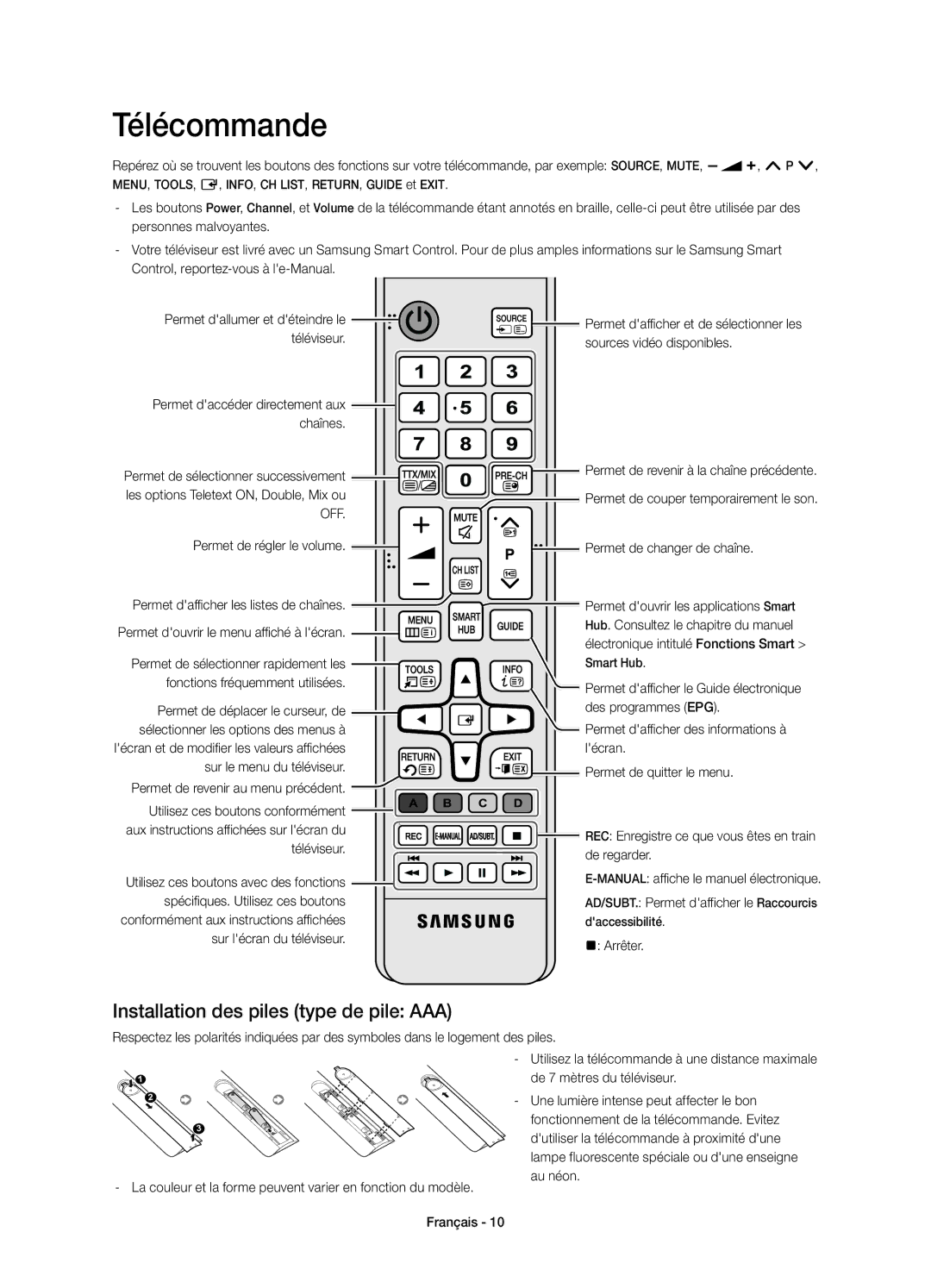 Samsung UE48H6620SVXZG, UE40H6620SVXZG, UE55H6740SVXZG, UE55H6750SVXZG Télécommande, Installation des piles type de pile AAA 